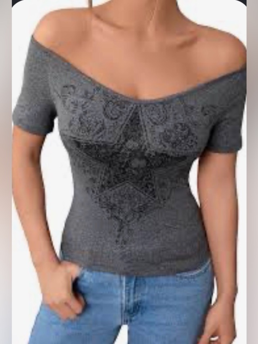 ROMWE Charcoal Gray Off-Shoulder Short Sleeve Crop Top